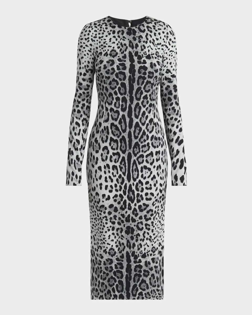 Leopard-Print Long-Sleeve Charmeuse Midi Dress